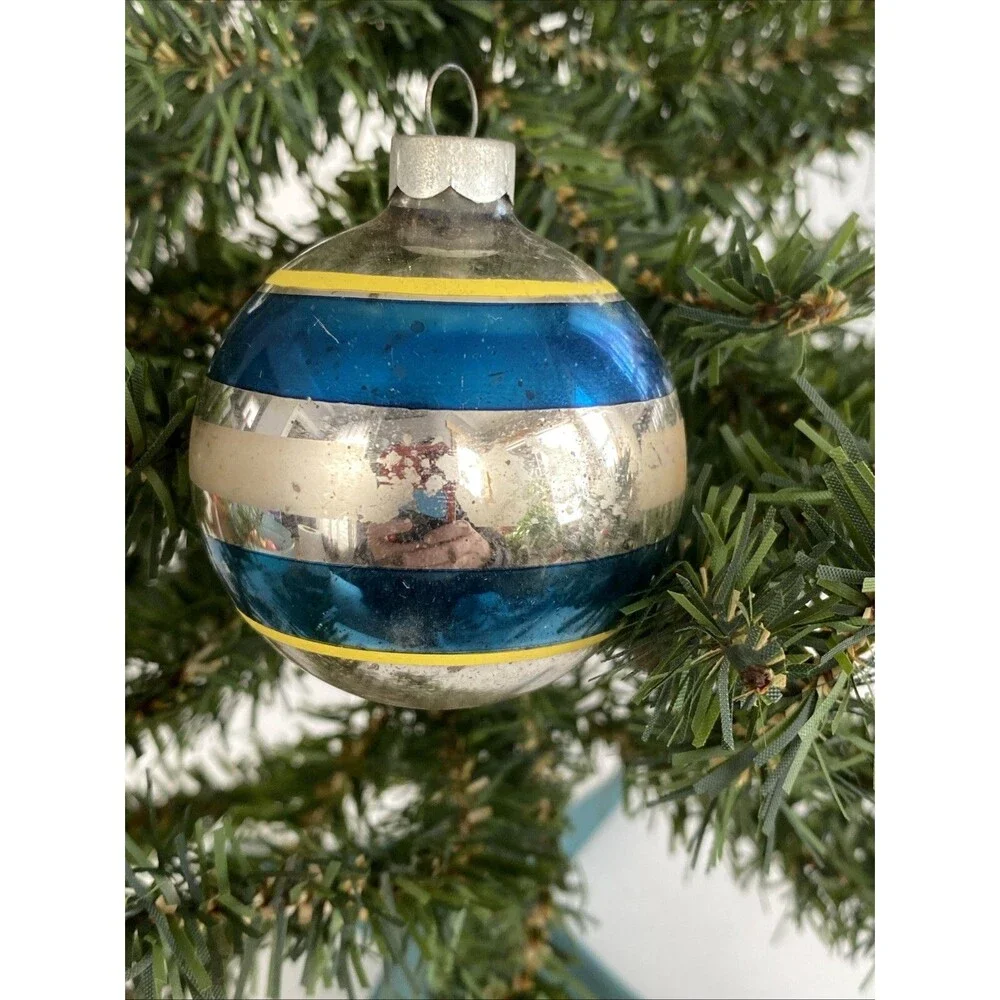 Vintage Christmas Glass Ball Ornament Striped Shiny Brite & Made USA Lot of 2